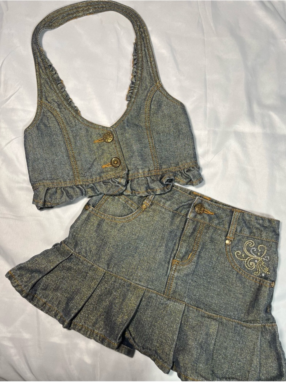 Disney Hannah Montana Y2K Denim 2Pc Outfit Girls 7/8 Gold Sparkle Skirt